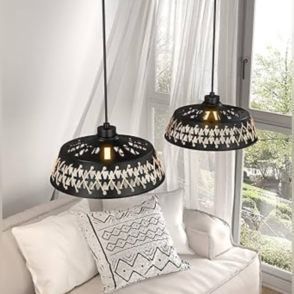 Set of 2 Pendant LightsAdjustableheight Metal Pendant Light Fixtures with Rattan